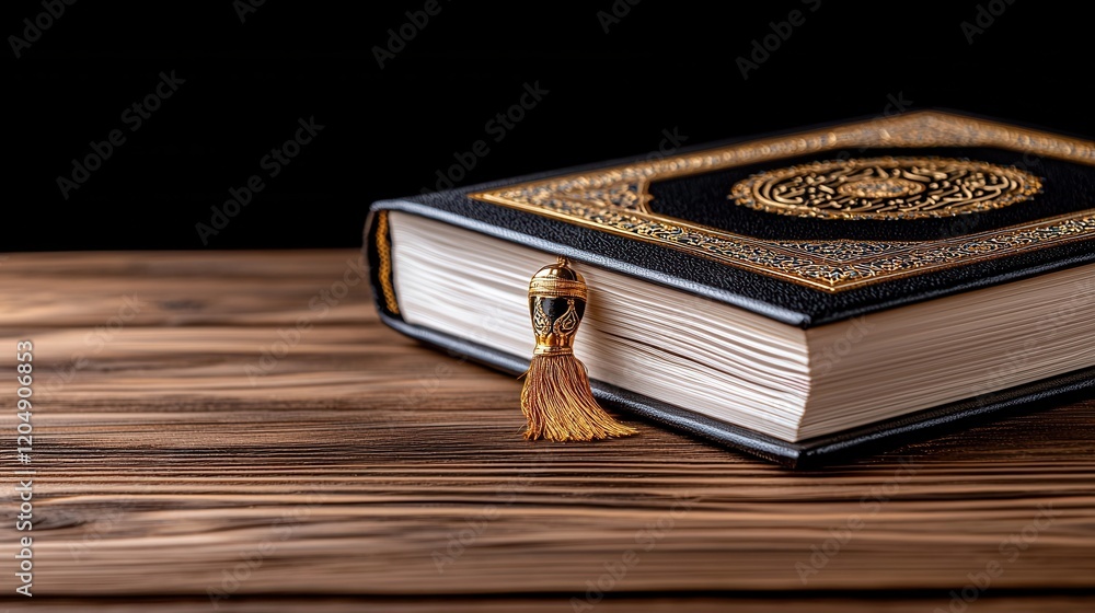 Poster stunning macro shot of golden patterns on quran with intricate embossing and elegant bookmark