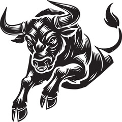 Big Bull looking dangerous with big horn and angry strong bull vector black and white.