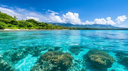 Tropical beach with crystal clear water and coral reef