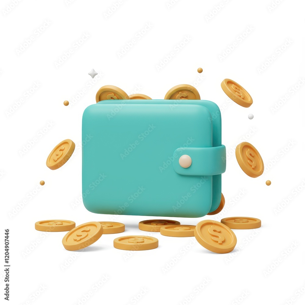 Poster a 3d illustration of a wallet with multiple golden coins scattered around it isolated on a white bac