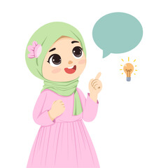 cute little Muslim girl, with pointing finger accompanied by empty chat bubble and idea lamp