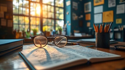 Sunlight Illuminates a Writer's Workspace, Casting Shadows on an Open Notebook, Eyeglasses Resting Atop, Pencils in Holder, Books, and a Window in Background