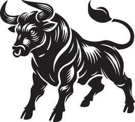 Big Bull looking dangerous with big horn and angry strong bull vector black and white.