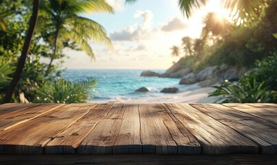 Fototapeta premium Empty wooden table top overlooking a blurred tropical beach, perfect for designs.