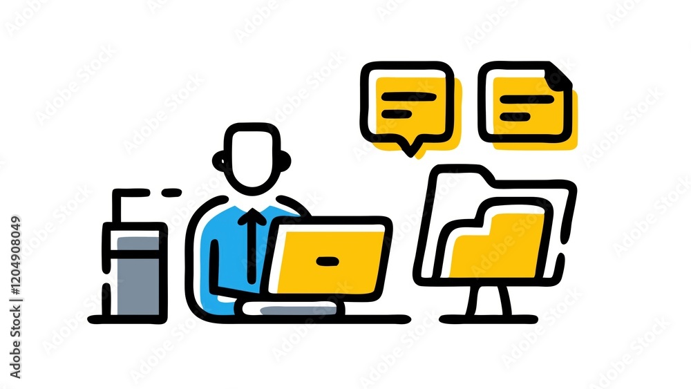 Poster a person working on a laptop in an office setting, accompanied by speech bubbles and a file folder, 