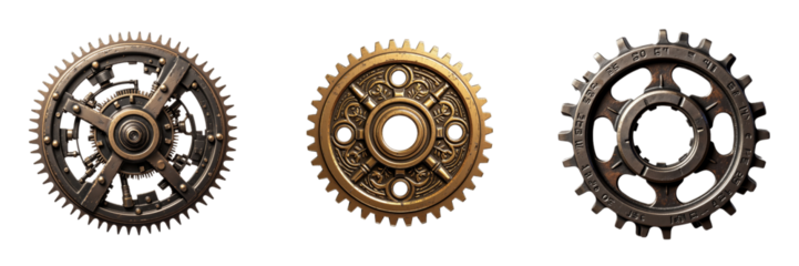 Intricate Gears Showcase Mechanisms in Bronze, Gold, and Gray