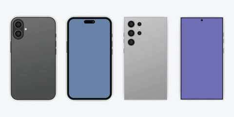 Set of front and back view smartphone mockups. Cellphone frame with blue background screen isolated templates. Mobile device mockups for presentation template.