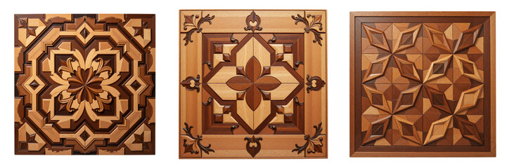 Intricate Geometric Parquetry Floor Panels Showcasing Floral and Starburst Designs