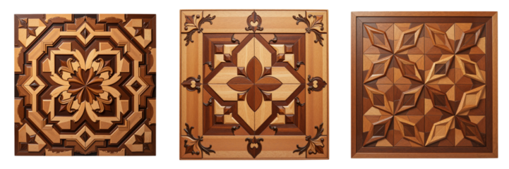 Intricate Geometric Parquetry Floor Panels Showcasing Floral and Starburst Designs