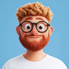 Cartoon Blonde Bearded Man Portrait, Glasses and White T Shirt with Playful Vibes
