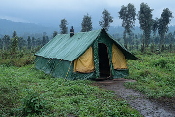 Green Canvas Tent Stands in Lush Green Field