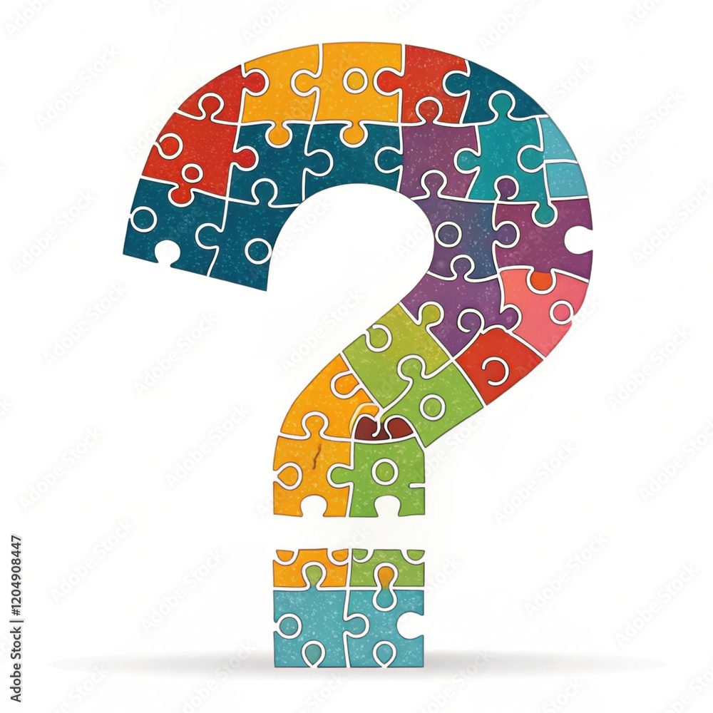 Poster a colorful puzzle piece question mark symbolizes curiosity and problem-solving, merging creativity a