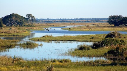 African savanna wildlife river landscape, herd crossing