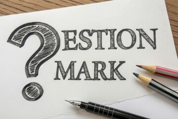 A hand-drawn question mark is featured prominently on paper, alongside colored pencils and a pen, emphasizing curiosity and inquiry.