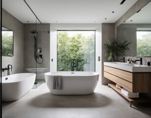 Fototapeta premium Modern Bathroom Interior Design with Freestanding Tub and Double Vanity