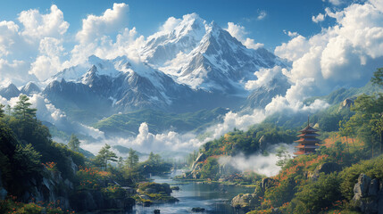 Fototapeta premium A mountain vista with fluffy clouds, green hills, and a small pagoda