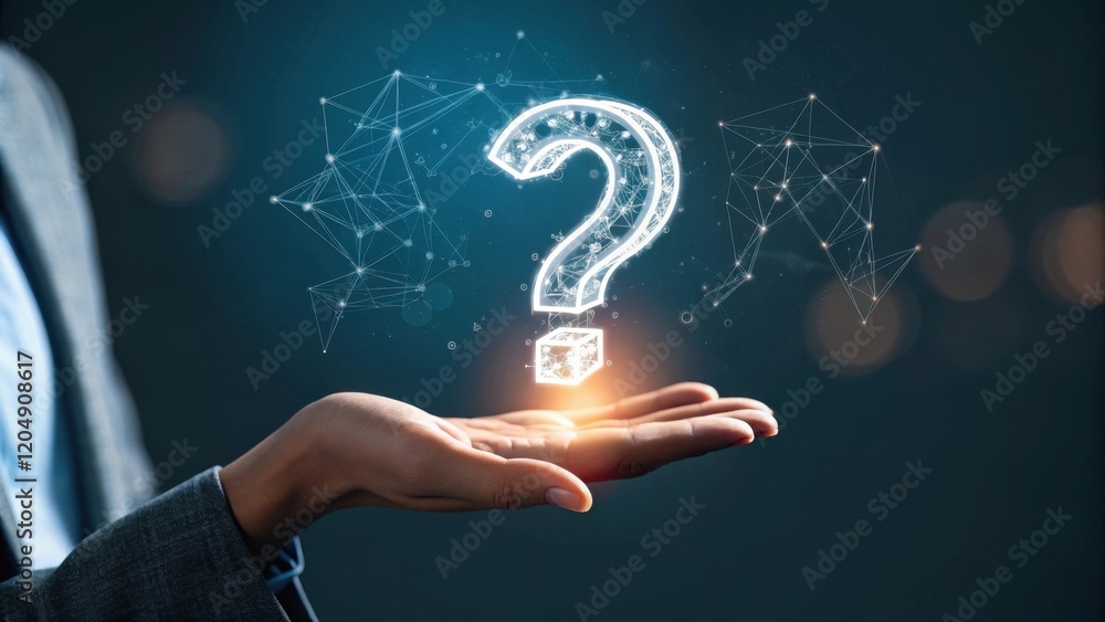 Poster a glowing question mark is held in a hand, symbolizing curiosity, inquiry, and the search for answer
