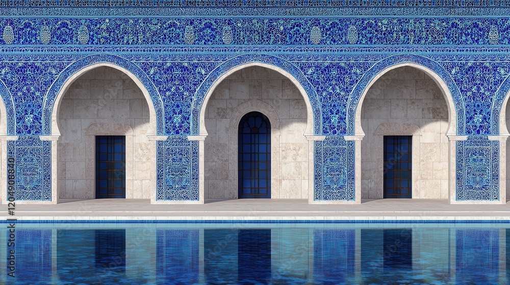 Poster ornate blue tile architecture with reflections in a tranquil pool setting at daylight