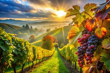 Fototapeta premium Macro Vineyard Landscape: Stunning Close-Up of Grapes & Vines, Endless Rows, Sunlit Hills, Autumn Harvest, Wine Country Photography