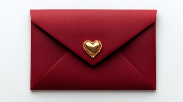 a romantic red envelope with a gold heart-shaped seal, resting on a pure white isolated background