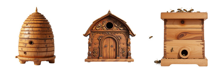 Intricately Carved Wooden Beehives Showcasing Unique Designs