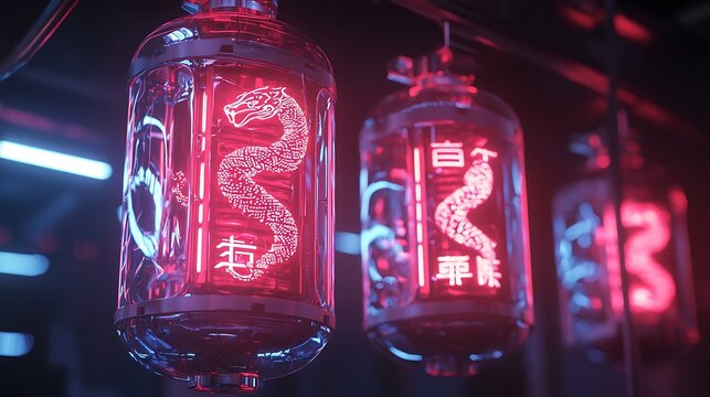 Neon Dragon Vaporwave Tubes Hanging in a Futuristic Setting