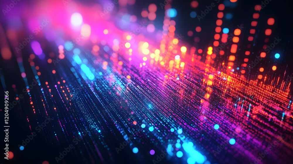 Poster dynamic light waves abstract space digital art vibrant colors close-up view modern technology and en