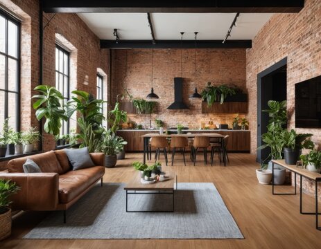 Modern Loft Apartment Interior Design with Brick Walls and Lush Greenery