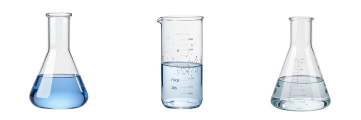 Laboratory Glassware with Blue and Clear Liquids in Scientific Setting