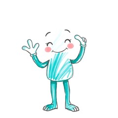 Happy teal cartoon character waving.