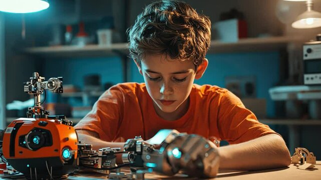 A boy tech innovator experiments with robotics and smart devices, creating tools that assist with everyday tasks