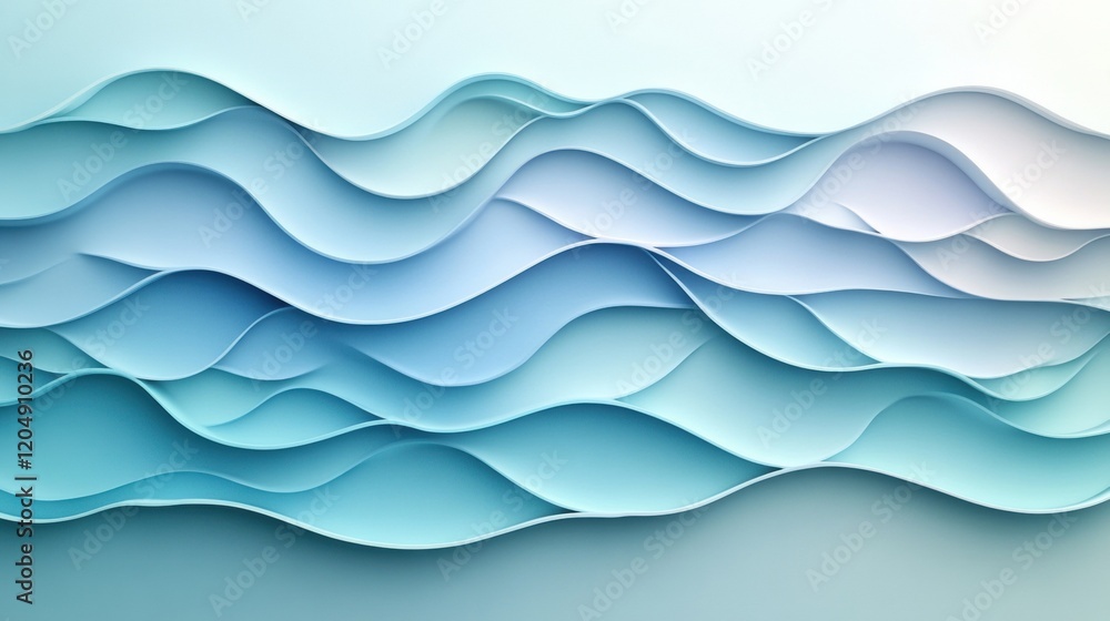 Poster Layers of soft blue waves create a serene and calming visual effect in a minimalist design. Generative AI
