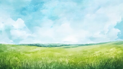 Fototapeta premium Serene Watercolor Landscape of Rolling Green Hills and Sky