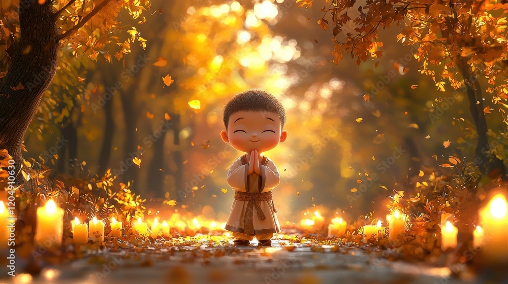 Poster cute animated monk enjoying autumn with candles and falling leaves in serene setting