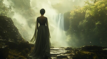 Obraz premium A Solitary Figure in a Mystical Forest, Contemplating a Waterfall