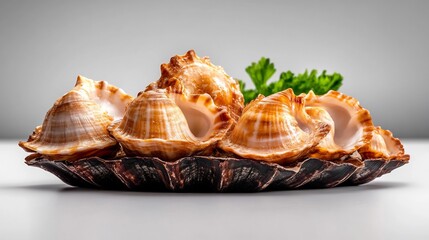Elegant seashells rest beautifully on dark plate soft light. AI Generated