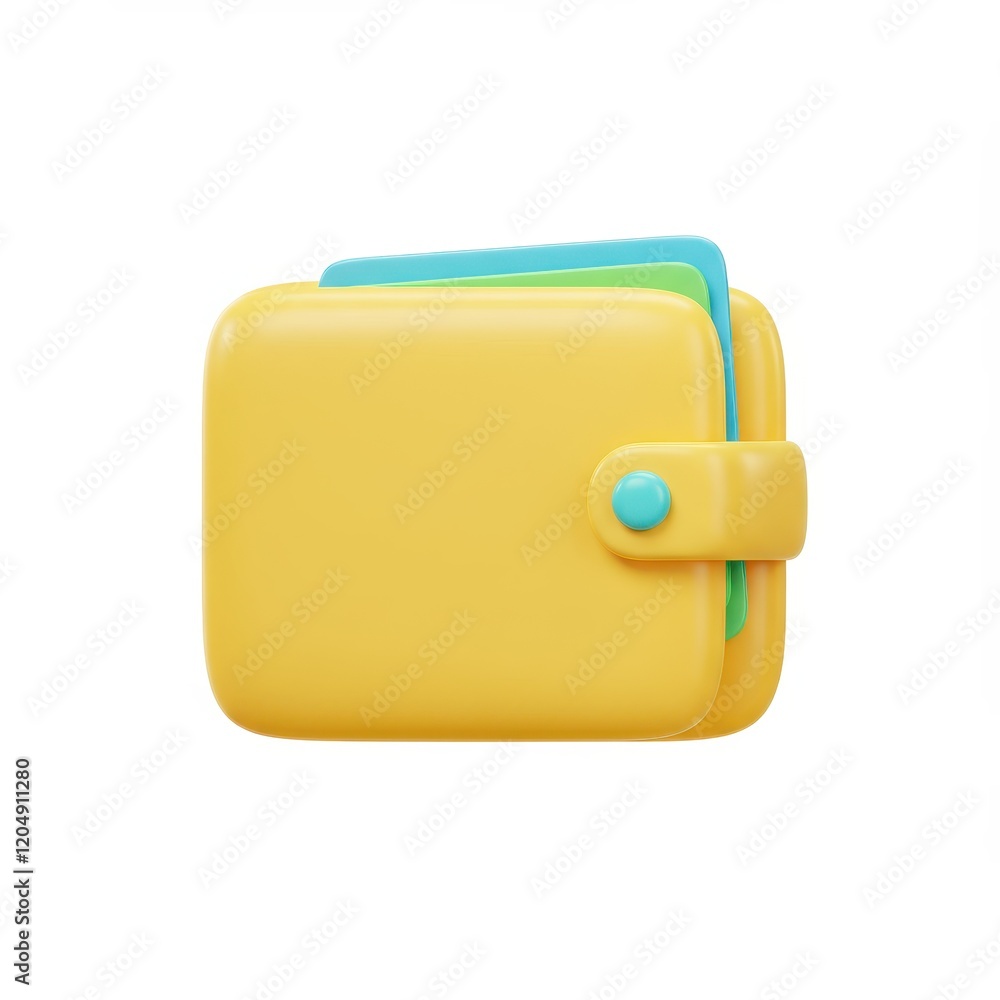 Poster a 3d illustration of a yellow wallet with a button clasp containing green and blue cards partially v