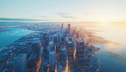 Naklejka premium Urban skyline at sunset over water