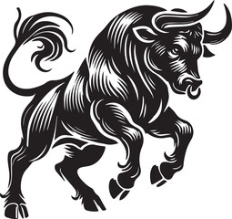 Big Bull looking dangerous with big horn and angry strong bull vector black and white.