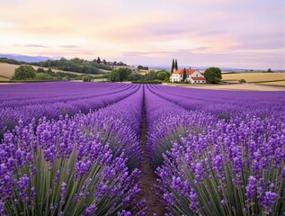 Fototapeta premium Sunset Lavender Field with Farmhouse and Rolling Hills