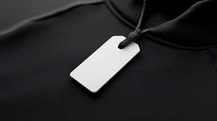 Fototapeta premium Blank tag on black hoodie, studio shot, mock-up, apparel