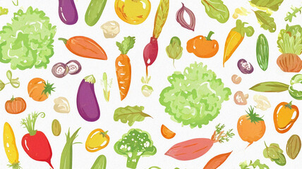 Fototapeta premium Seamless Pattern of Colorful Hand-Drawn Vegetables on a White Background