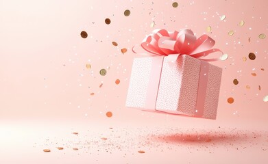 Floating Gift Boxes with Dancing Coins, Romantic Pink Festive Scene