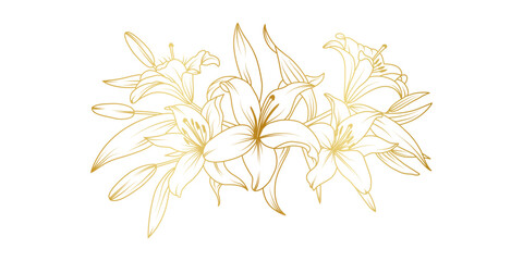 Golden lily flowers line art isolated on white background. Luxury lilies floral design elements for invitation, wedding, wallpaper, print template, vector illustration