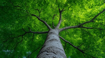 Looking up at a large tree with lush green leaves.
