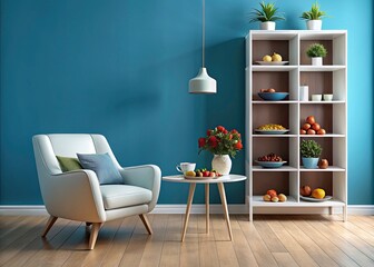 Modern Living Room Interior Design with Blue Walls, White Armchair, Bookcase & Dessert Photography