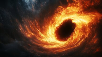 Fototapeta premium A Mysterious Black Hole in the Night Sky Surrounded by Vibrant Orange Flames Creating an Otherworldly Scene
