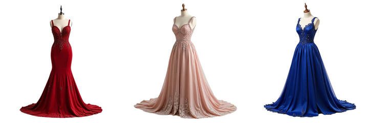 Three Elegant Evening Gowns Displayed on Mannequins