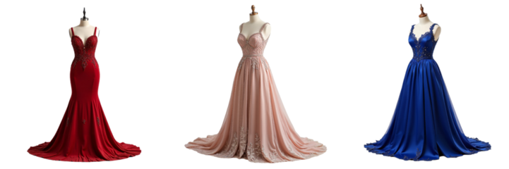 Three Elegant Evening Gowns Displayed on Mannequins