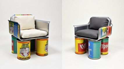 Eco-friendly chairs and benches made from large recycled food cans, designed with vibrant colors and artistic patterns. A creative, sustainable seating solution for modern interiors.